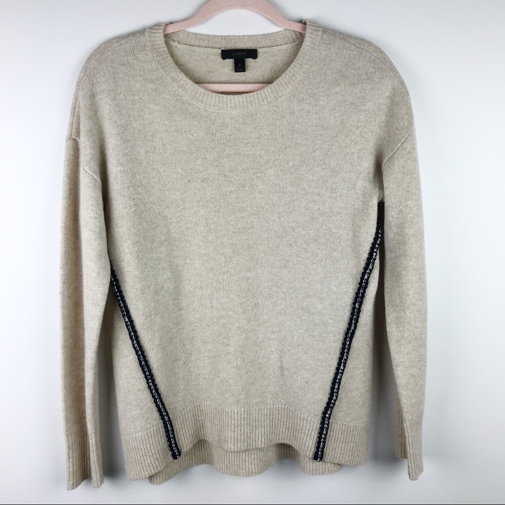 J.Crew Wool Metallic Braid Sweater Crew Neck Tan Black Size Small